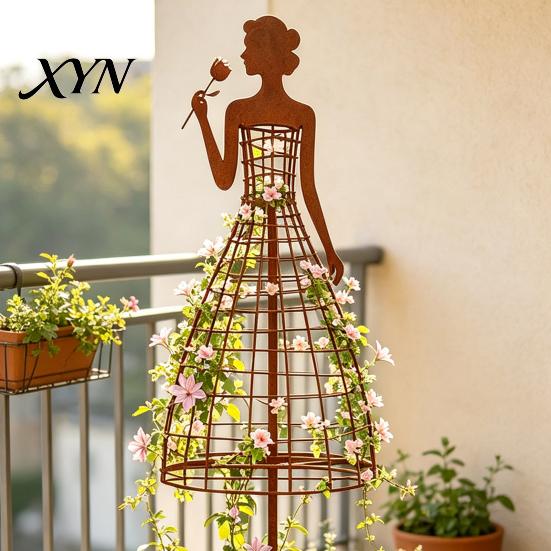 Decorative Outdoor Yard Ornament Vintage Metal Lady Trellis, Iron Girl Shaped Garden Plant Support Stake, Rustproof Flower Stand Climbing Vine Art for