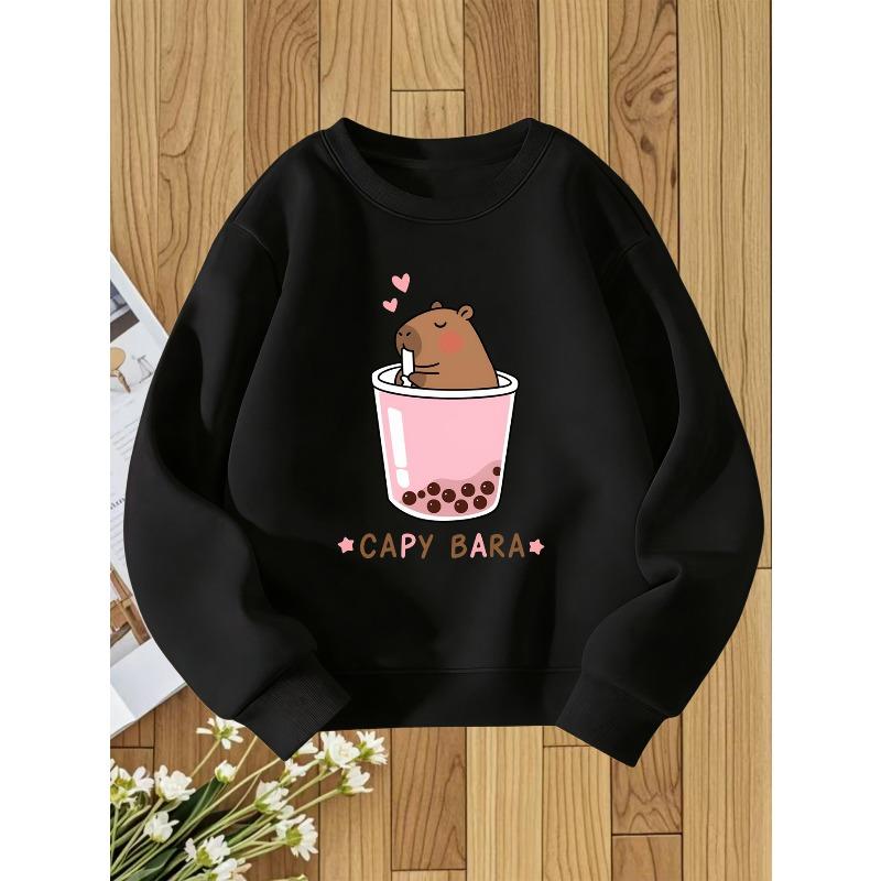European sizes Capybara Milk Tea Cup Cartoon Print Kids' Round Neck Sweatshirt  Soft Cute Style Perfect Gift for Kids