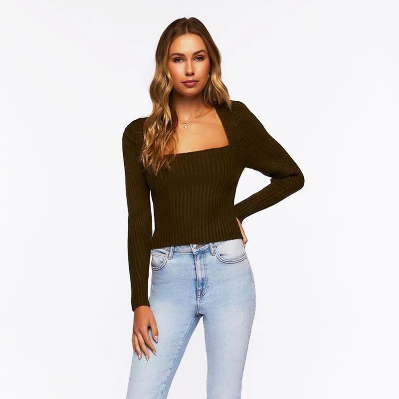 Vinter Slim-fit stickade tröjor Dam tröja bandage Fyrkantig krage tröjor Puffärm Snörning Sexig Crop Knitwear 29454