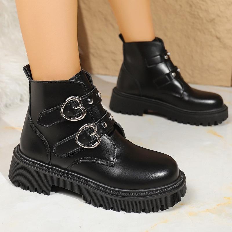 Fashion Platform Single Boots Autumn New Round Toe Metal Belt Buckle Soft Sole Anti-Slip Wear-Resistant Block Heel Booties