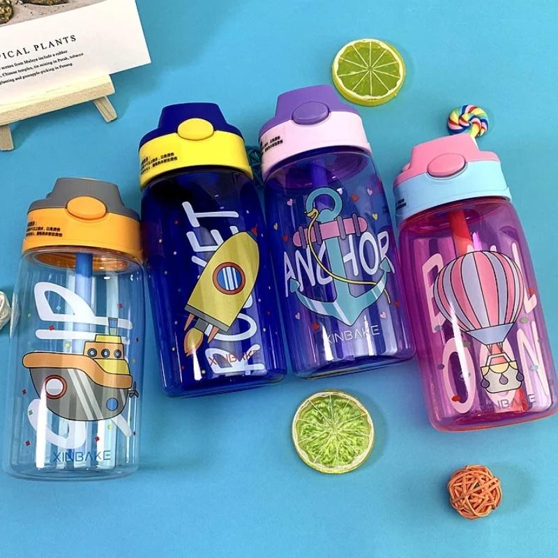 480ml Cute Cartoon Water Bottle Portable Safety Lock Straw Cup Kids Lovely Leak-proof Drinking Jug For Outdoor Camping School