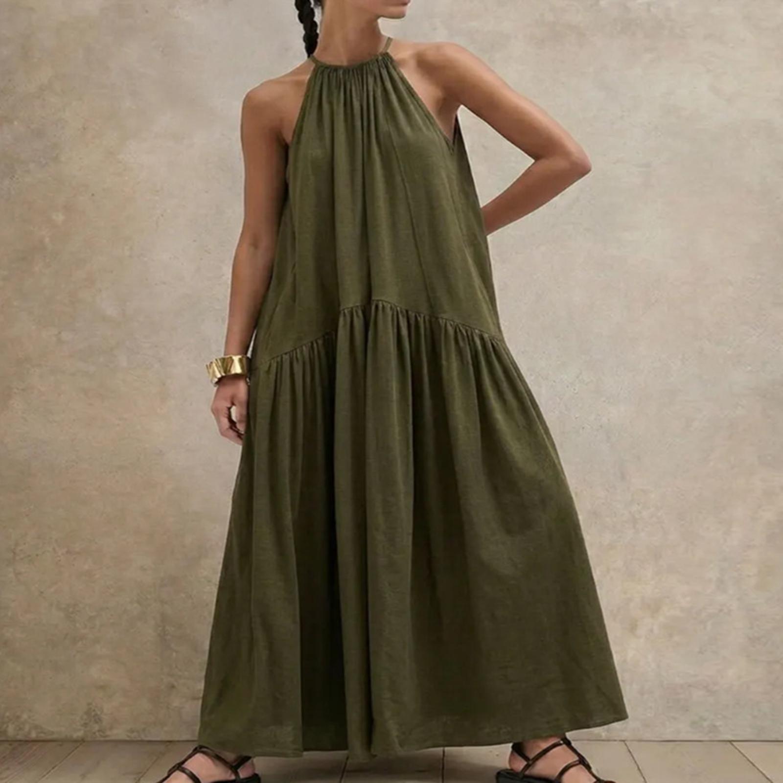 Women s Elegant Neck Sleeveless Dress Cotton Linen L