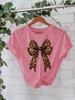 European and American High-End Leopard Print Bow-Knot T-Shirt: Women's Round Neck, Loose Short Sleeve