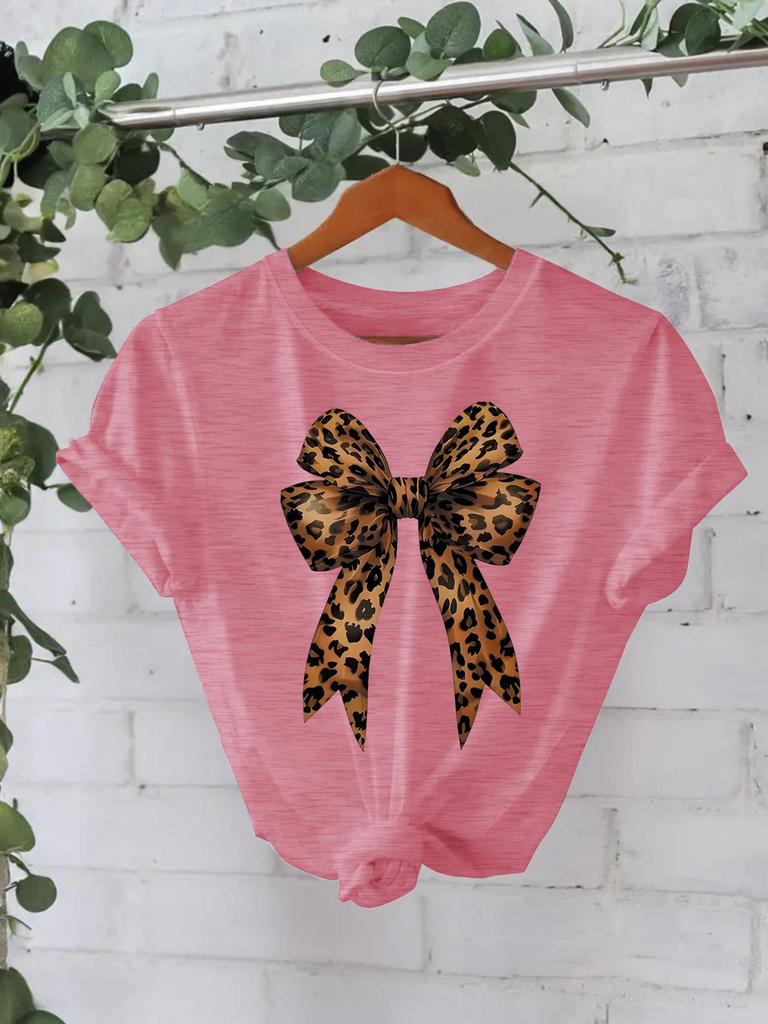 European and American High-End Leopard Print Bow-Knot T-Shirt: Women's Round Neck, Loose Short Sleeve