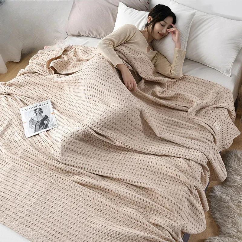 2024 Summer Waffle Plaid Cotton Bed Blanket Throw Thin Quilt Knitted Bedspread Home Hotel Coverlets Green Pink Throw Blankets