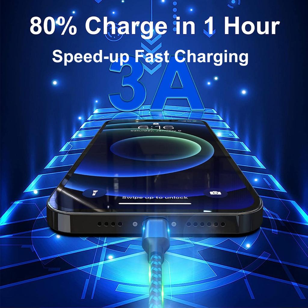 Fast Charge Braiding Cable, 8.86ft Super Long Charging Cable, Blue and Black Woven Outer Quilt, Suitable for Charging for IPhone 5-15 Mobile Phones.