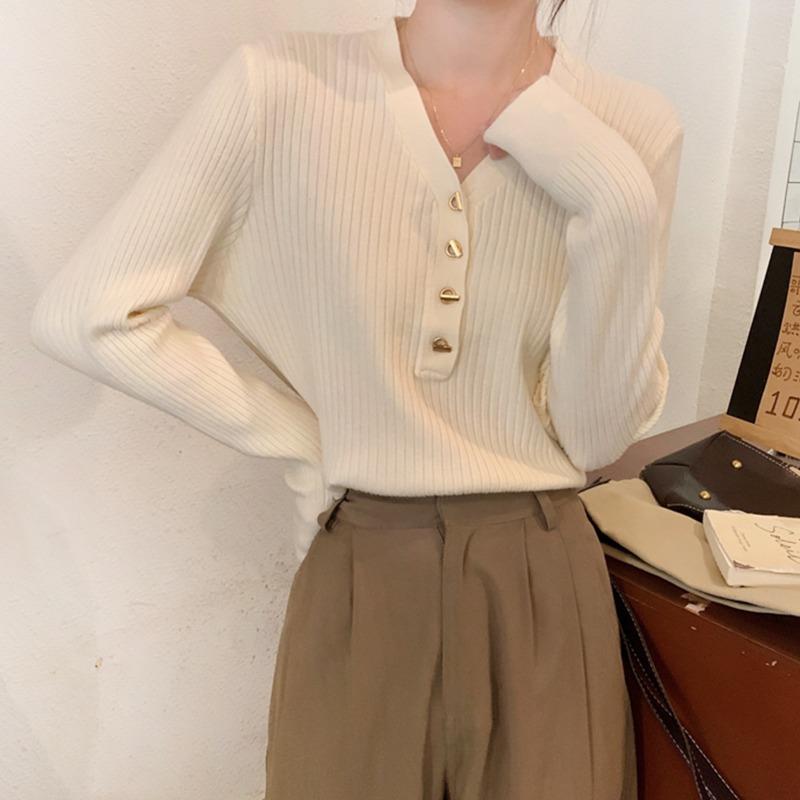 V-neck Bottoming Shirt Women's Autumn and Winter New Simple Design Slim-fitting Long-sleeved Sweater Knitted Sweater Top