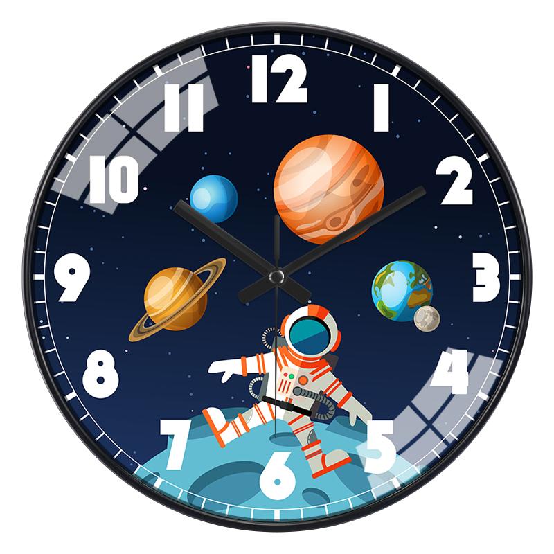 Silent Non-Ticking Wall Clock Astronaut Planets Design Rose Golden/Black Frame Clock for Boys Bedroom Nursery Classroom Decor