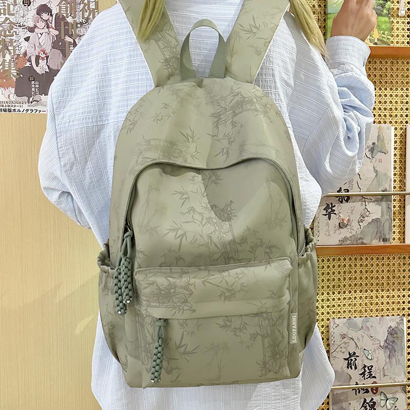 Solid Simple Color Bamboo Pattern Student Backpack For School And Daily Use
