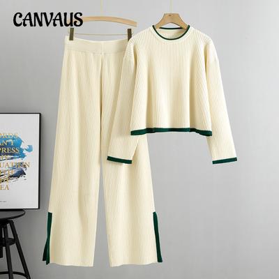 Autumn and Winter Knitted Suit Women's Plus Size Short Sweater Wide Leg Pant Suit