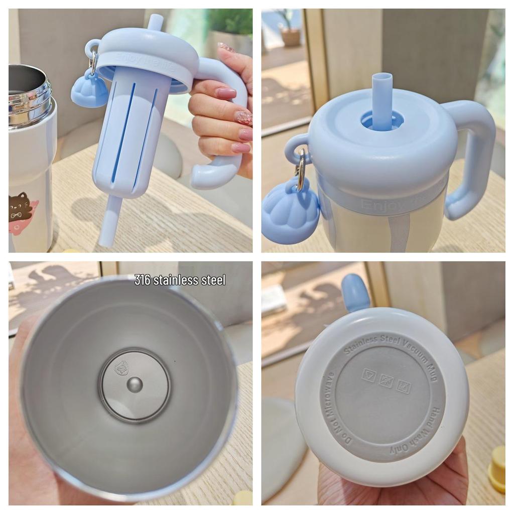 Floral Cartoon Handle Stainless Steel Vacuum Insulated Cup with Tea Infuser and Straw