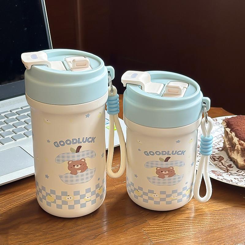 Cute Double Drink Thermos Water Bottle For Girls Straw Tumbler Cup 316 Stainless Steel Hot and Cold Coffee Thermal Mug 500/600ML