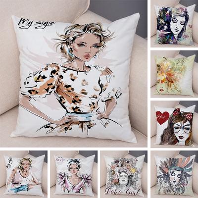 Boho Woman Art Pillowcase Double Print Fashion Lady Cushion Cover Soft Plush Portrait Pillowcase Bedroom Decor