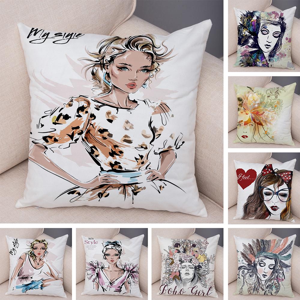 Boho Woman Art Pillowcase Double Print Fashion Lady Cushion Cover Soft Plush Portrait Pillowcase Bedroom Decor