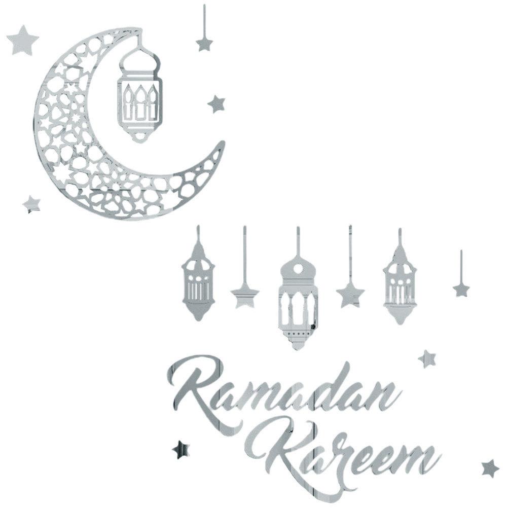 1 Sheet Mirror Effect Wall Stickers Eid Mubarak Ramadan Acrylic Moon and Star Design Festive Home Decor Window Door