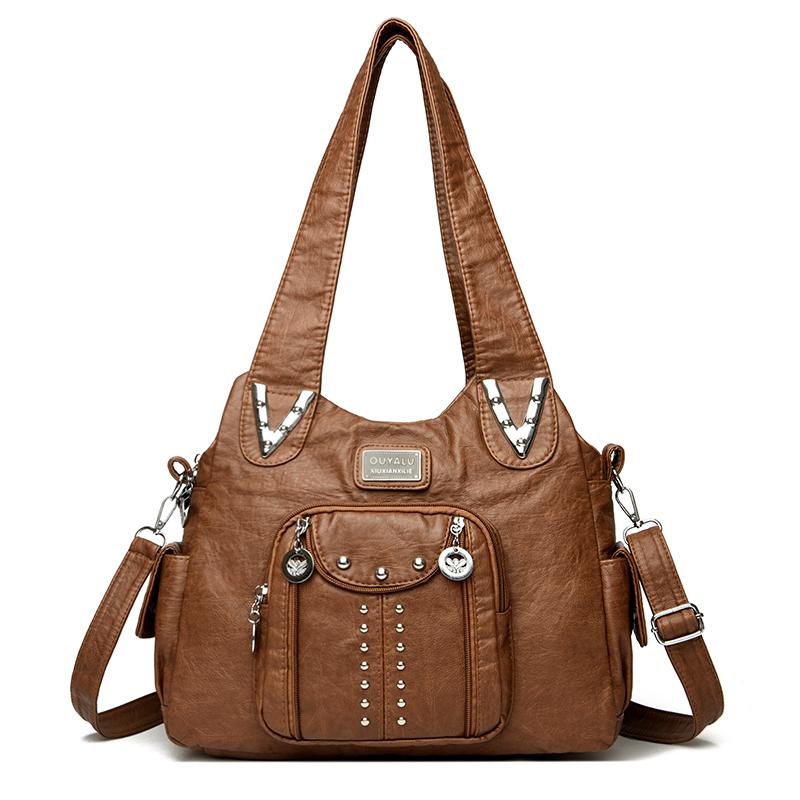 

Винтажная сумка-тоут из мягкой кожи с заклепками для женщин, большая вместимость, много карманов, сумка через плечо, винтажные сумки из мягкой кожи для повседневного использования, покупок, поездок на работу 33cm 28cm 12cm светло-коричневого