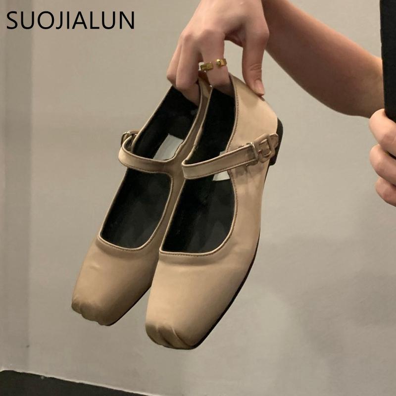 Fashion SUOJIALUN 2025 Spring New Women Flat Shoes Fashion Silk Square Toe Shallow Ladies Ballet Shoes Soft Casual Flat Mary Jane Shoes
