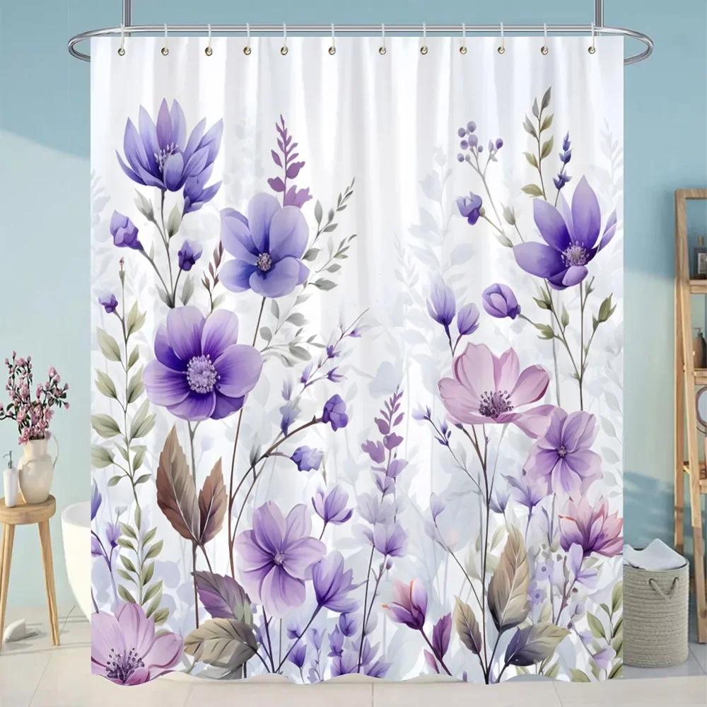 Botanical Flower Shower Curtain Colourful Flowers Green Leaves Watercolour Art Creative Polyester Shower Curtains Bathroom Decor