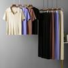 Set da donna a polo pullover a maniche corte top slim tinta unita t-shirt pantaloni a gamba larga set di moda lavorato a maglia