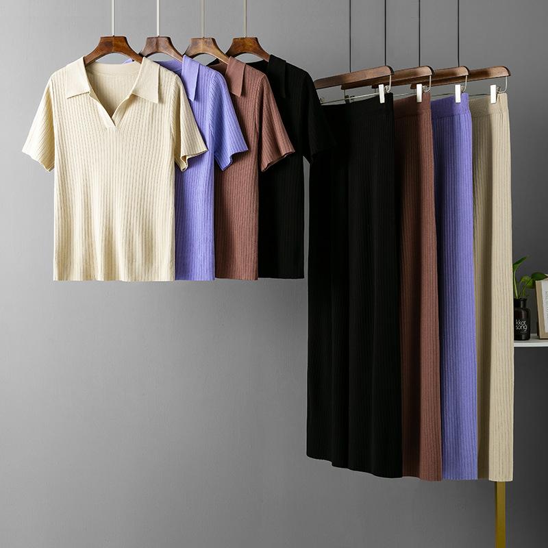 Set da donna a polo pullover a maniche corte top slim tinta unita t-shirt pantaloni a gamba larga set di moda lavorato a maglia
