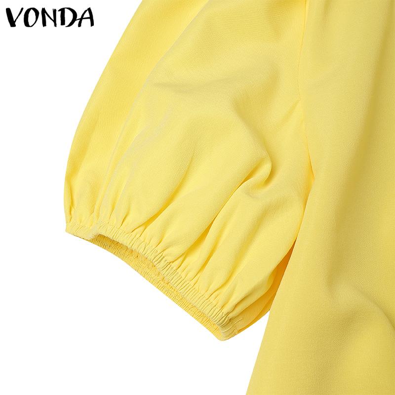VONDA Blusa Casual de Manga Corta Abullonada con Botones Laterales y Volantes Sólida para Mujer