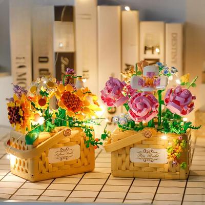 Sunflower Basket Bouquet Building Kit Rose Bonsai Sunflowers Building Blocks Set Blossom Particle Botanical Valentines Gifts