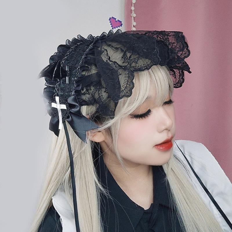 Girl Bowknot Headbands with Pleated Lace Halloween Photography Hair Hoop