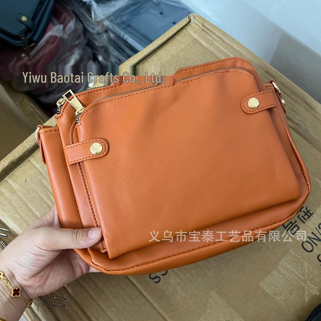 Three-Layer Leather Crossbody Clutch Bag