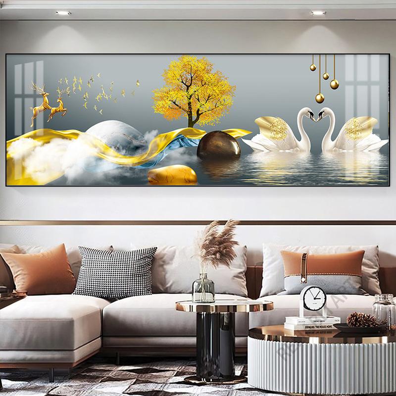 New Chinese Fengshui Golden Zen Stone Canvas Painting Wall Art Rich Tree Posters Gold Deer Prints for Living Room Home Decor