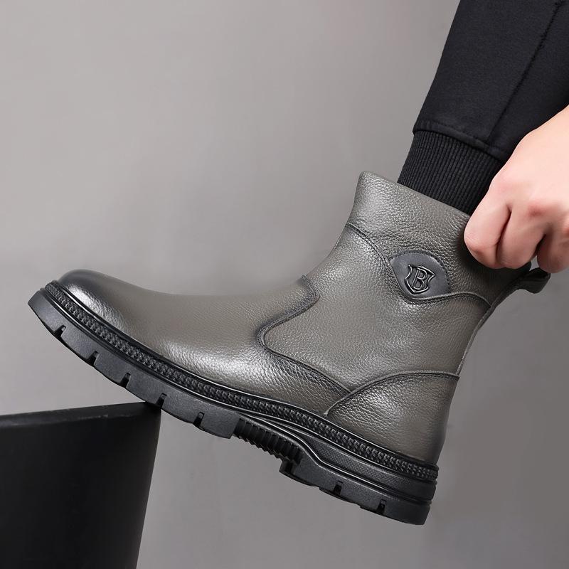 Winter First Layer Cowhide Men's Cotton Shoes Wool Snow Boots Velvet Warm Leather Boots Genuine Leather Middle-aged Leather Shoes Men's Shoes Thick