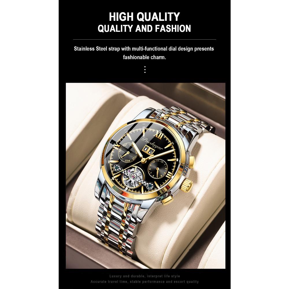 POEDAGAR Automatic Mechanical Watch Men Tourbillon Skeleton Wristwatch Calendar Week Display Leather Strap