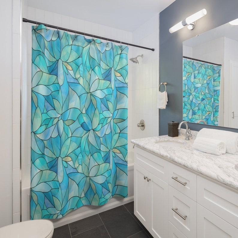 Tonnika Chen Turquoise And Aquamarine Stained Glass Style Shower Curtain, Shower Curtain, Aquamarine Shower Curtain