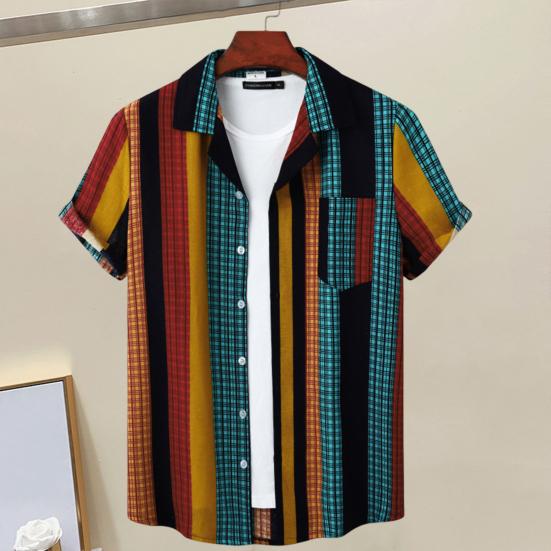 Men Shirt Contrast Color Vintage Striped Short Sleeves Single-breasted Daily Wear Cotton Pocket Men Summer Top Men Clothes