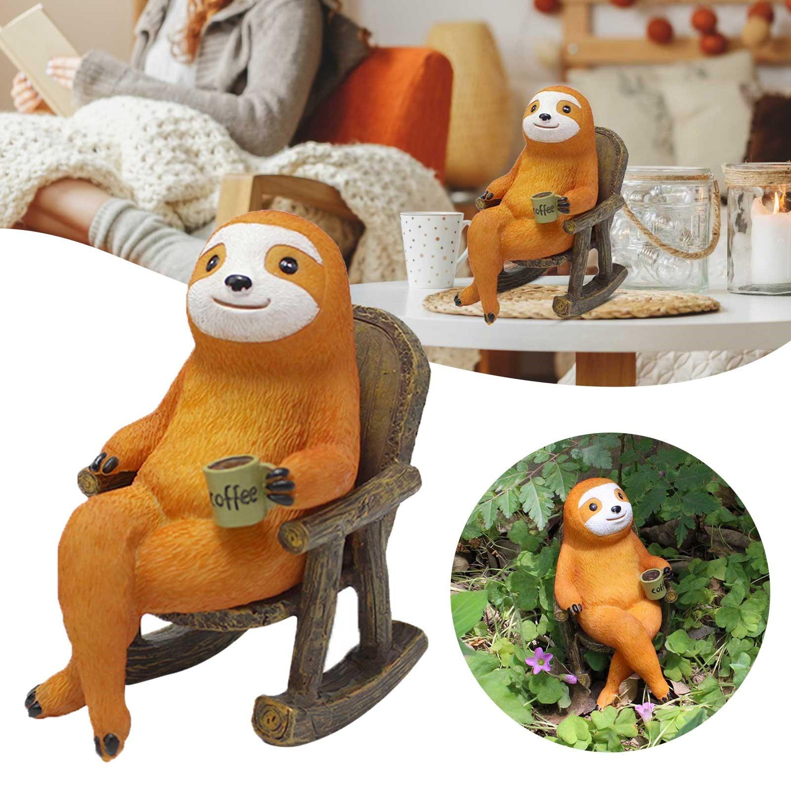 Garden Sloth Statue Resin Sloth Figurines Relaxing On Rocking Chair Statue Cute Creative Sloth Drinking Sculpture Decoration One Size