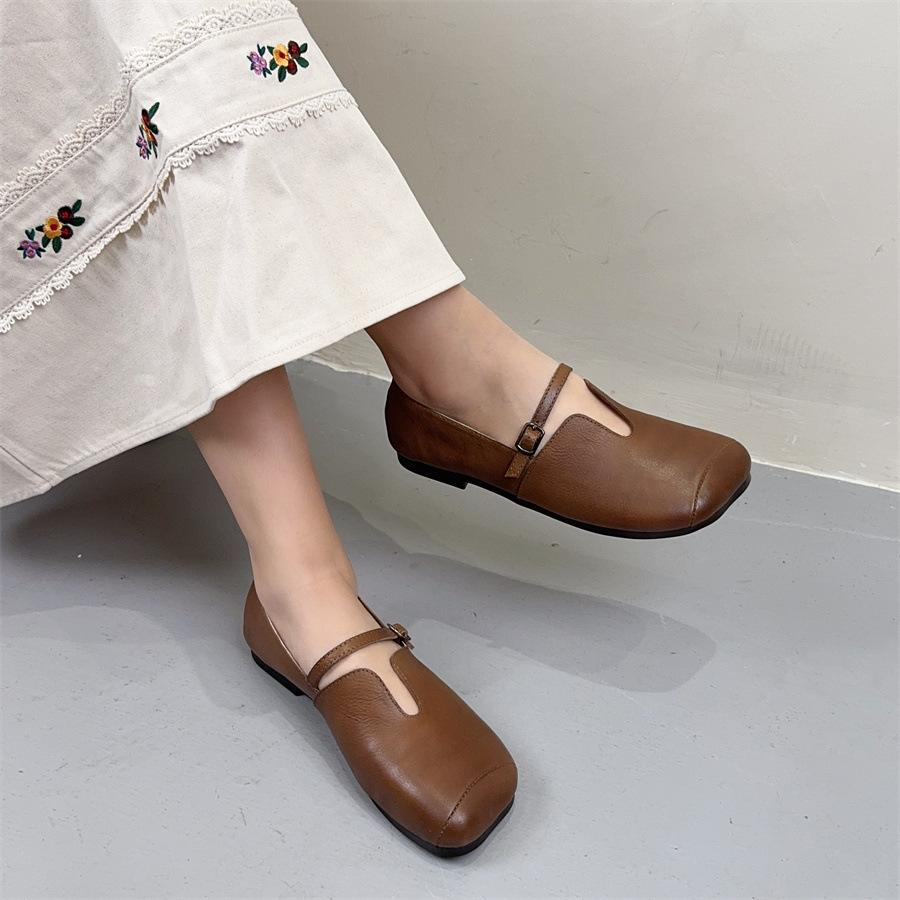 Johnature Square Toe Belt Buckle Soft Soled Shoes Genuine Leather Commuting Shallow Women's Flat Shoes