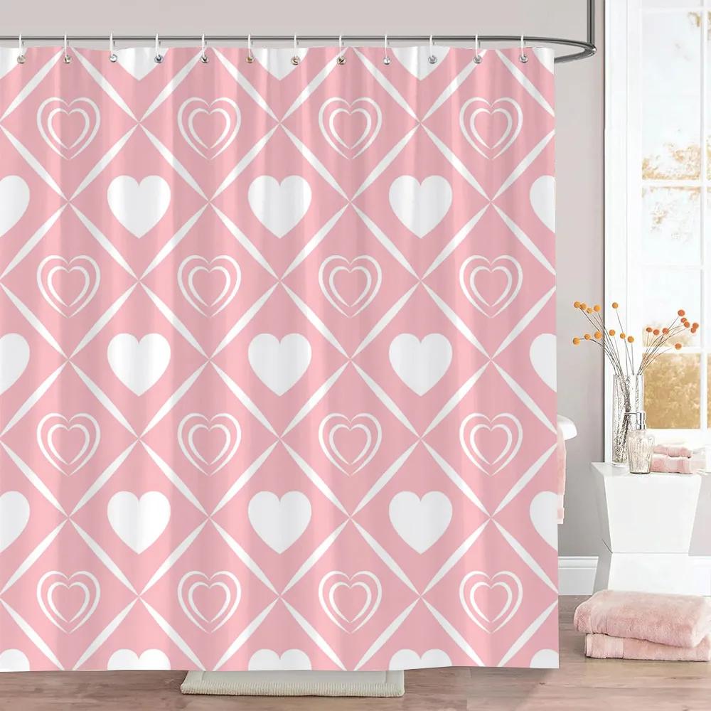 Rosa Herz Duschvorhang Weihnachtsgeschenk Geometrische Linien Schlicht Modern Polyesterstoff Duschvorhänge Badezimmerdeko mit Haken