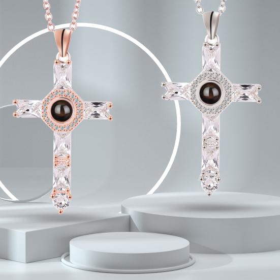 Cross Necklace Shiny Novelty Design Alloy Cross 100 Languages I Love You Projection Necklaces for Daily Dress