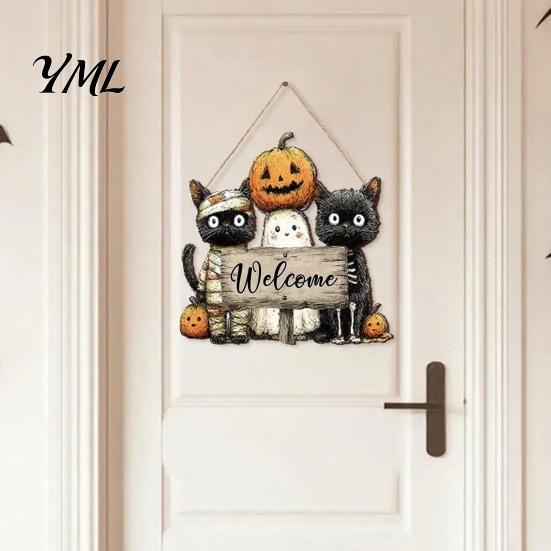 Wooden Hanging Sign Welcome Sign, Rustic Door 2D Daisy Butterfly Print, Patio Ornament Halloween Thanksgiving Easter Seasonal Holiday for Front Decor