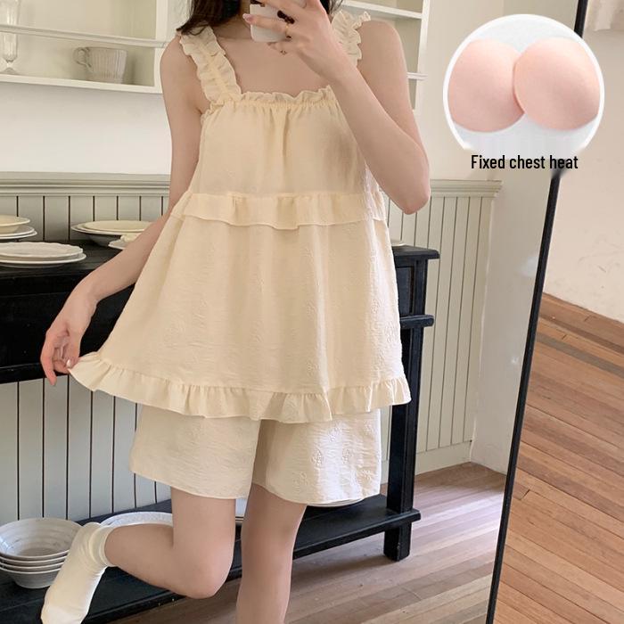 2026 Summer Women's Pajama Set: Princess Style Cloud Cotton Camisole with Built-in Bra
