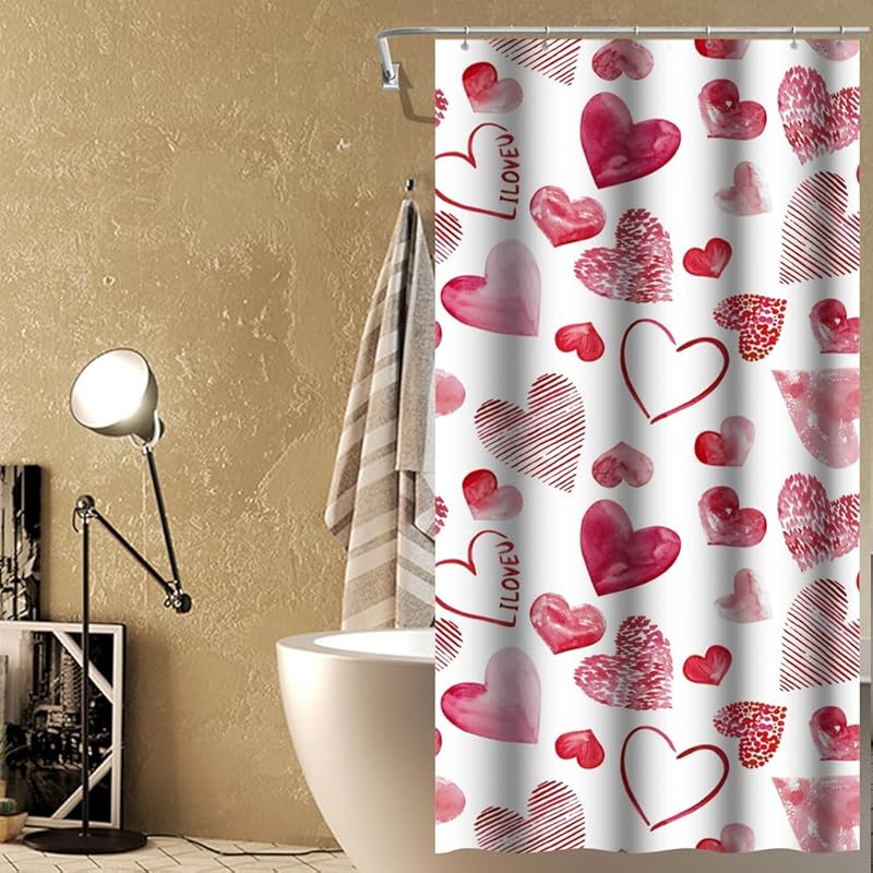 Valentines Day Shower Curtain Romantic Love Drawing Art Red Heart Shower Curtains Mother's Day Shower Curtain for Shower Decor Sets for Bathroom