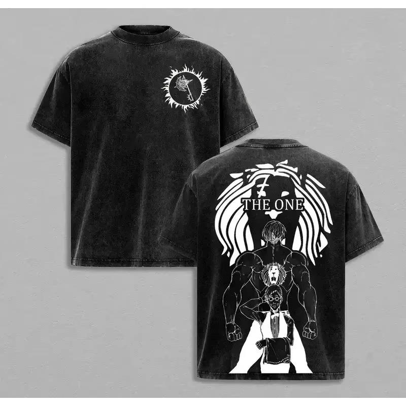 Sommer Japanischer Anime Vintage Gewaschenes T-Shirt Die Sieben Todsünden Escanor Grafikdruck Unisex Locker geschnittenes Hemd