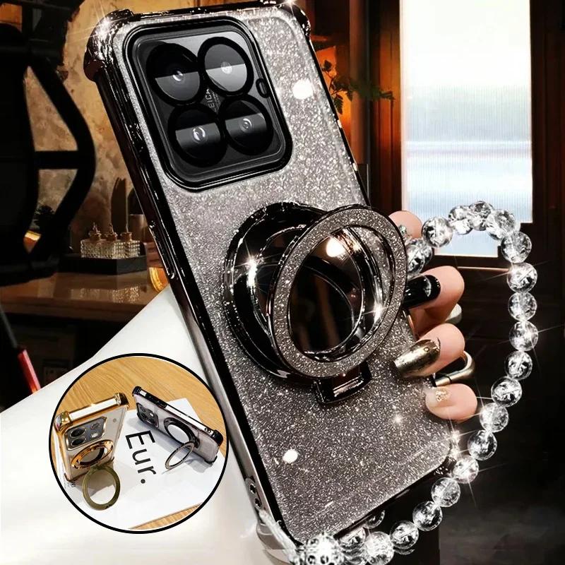 For Xiaomi 14T Pro Crystal Bracelet Glitter Mirror Holder Case for Xiaomi 14T 13T Pro 14C For POCO X7 X6 F6 Pro Shockproof Cover