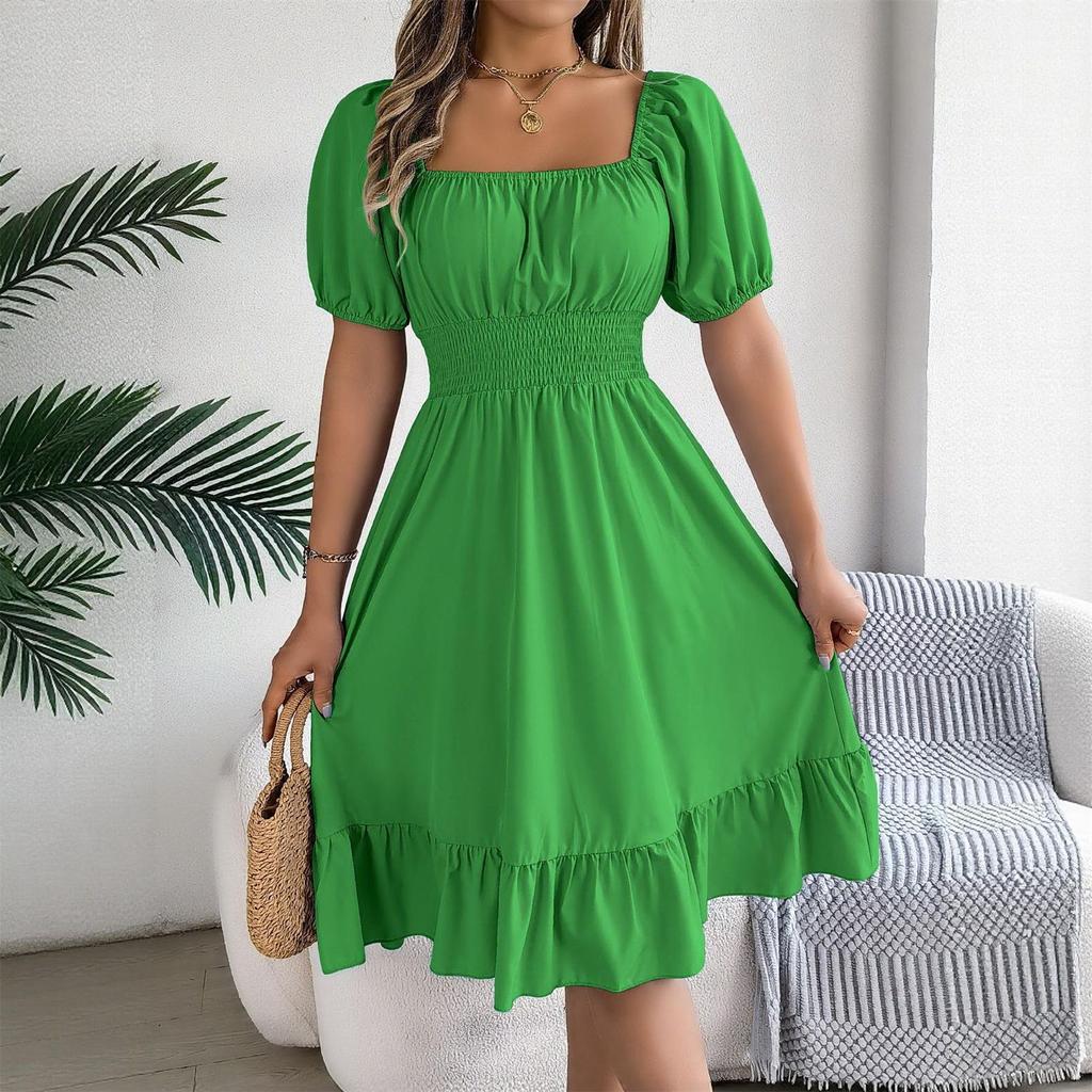 Women's Fashionable Retro Color Square Collar Fungus Hem Waist A-line Long Skirt Short-sleeved Dress