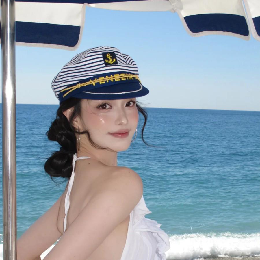 Women's Navy Blue Striped Wide Brim Sun Hat - Summer Beach Vacation Style, Sailor-Inspired Japanese Design