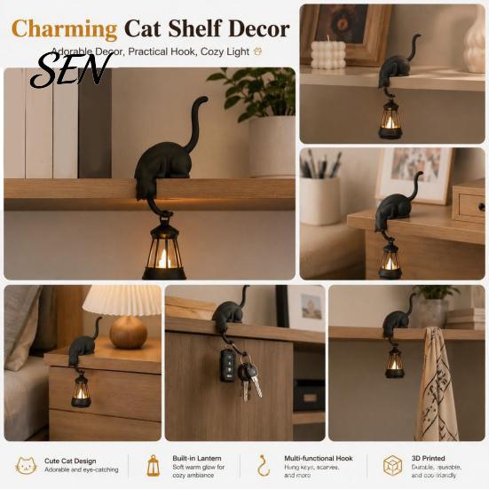Decorazione Comodino Rustico Gatto Appeso Stampato 3D con Lanterna Scaffale Decorazione, Carino Che Spia Regali Pensierosi per Amici Statua da Bordo, Gancio Chiave