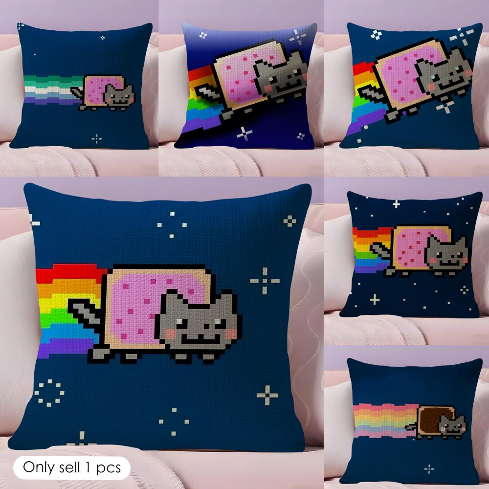 Cute Cat NNyan Cartoon Cushion Cover Natural Linen Pillow Case DoubleSided Print Decorative Sofa Pillowcase Home Decor Gift
