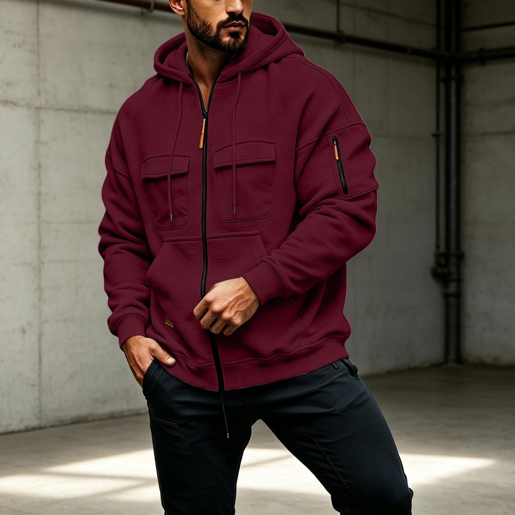 Herren Kapuzen-Reißverschluss-Sweatshirt Lockerer Schnitt Mehrere Taschen Strickjacke Jacke Freizeit-Oberbekleidung