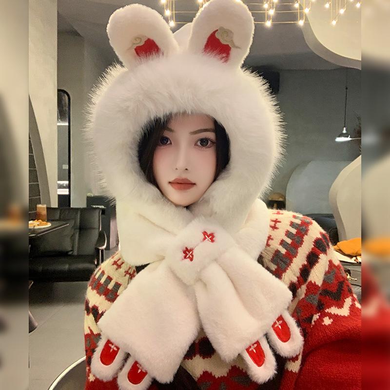 

Средняя плюшевая шапка и шарф интегрированный женский зимний теплый шарф с капюшоном для защиты ушей праздничный новый подарок M（56-58cm）