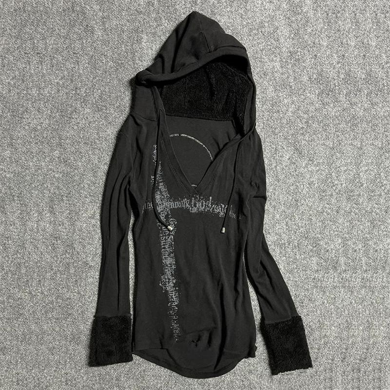 Y2k Black Vintage Printed Hoodies Women V Neck Long Sleeve American Fashion Hooded Sweatshirt Streetwear Hip Hop