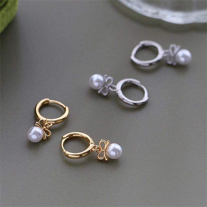 

925 Sterling Silver Korean Cute Pearl Bow Stud Earrings for Women Beautiful Wedding Party Jewelry Silver